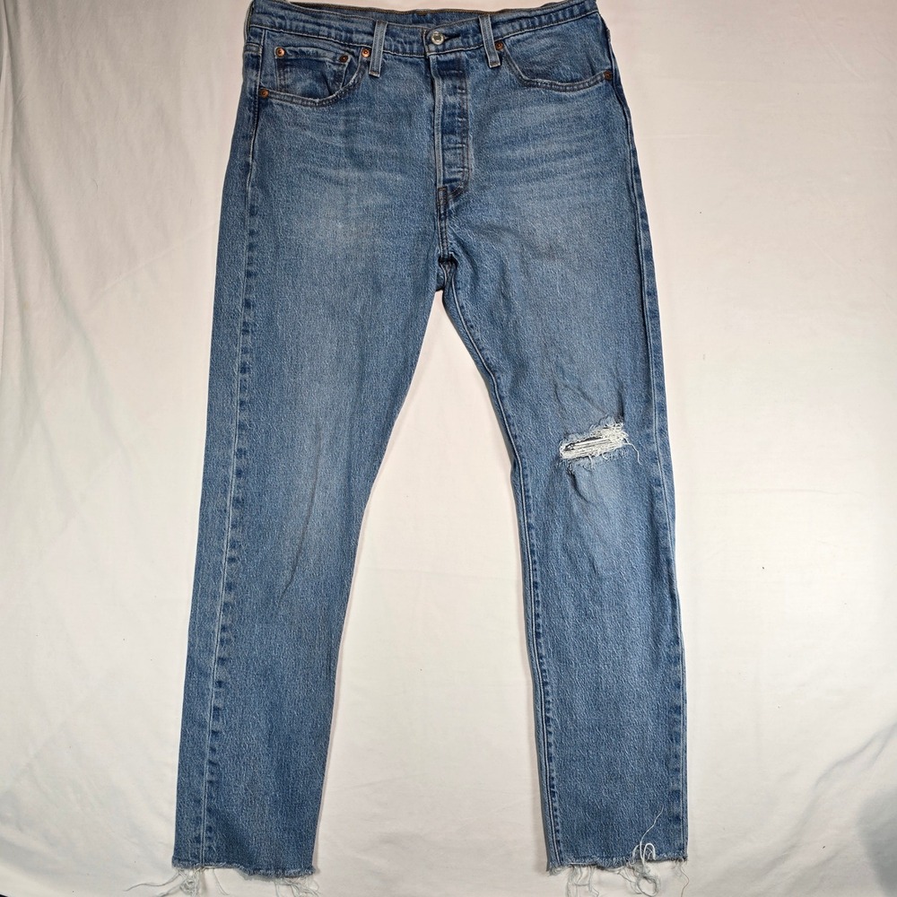 Levis 501 Skinny Jeans Mens 32x30 Blue Distressed Button Fly Raw Hem 29502-0203